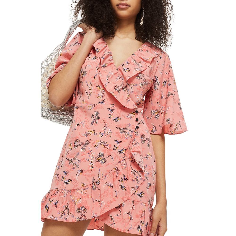 Topshop Off Duty Floral Ruffle Tea Dress Pink Size 8